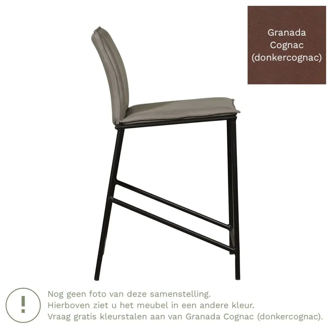 afbeelding van Leren barkruk laag Favor - Granada Cognac (donkercognac) - poten staal rond zwart